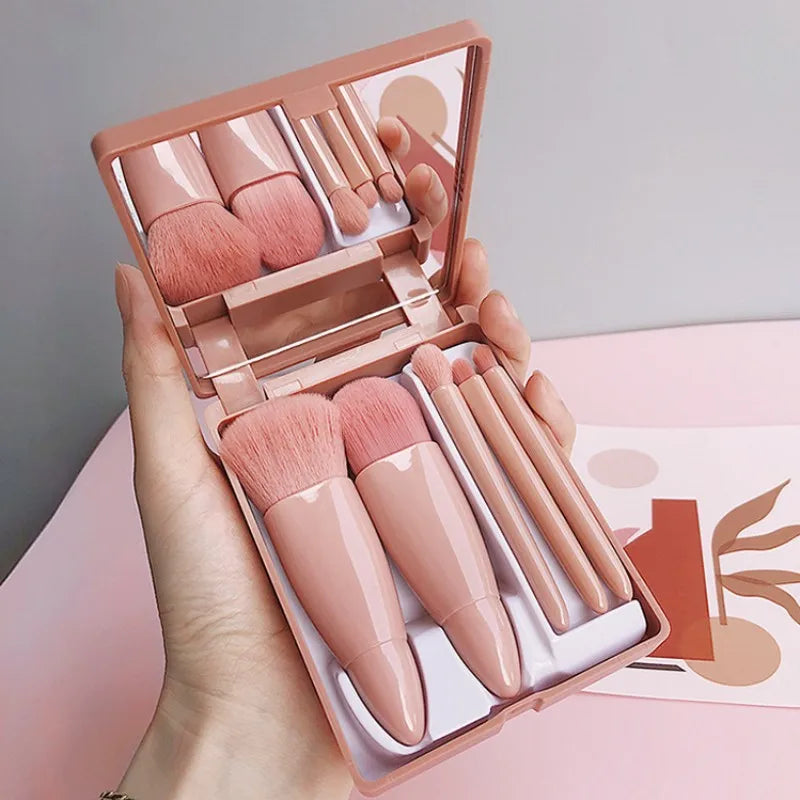 Espelho de Maquiagem Mini Portátil com 5 Pincéis de Maquiagem e Lupa - Compacto, Dobrável e de Bolso