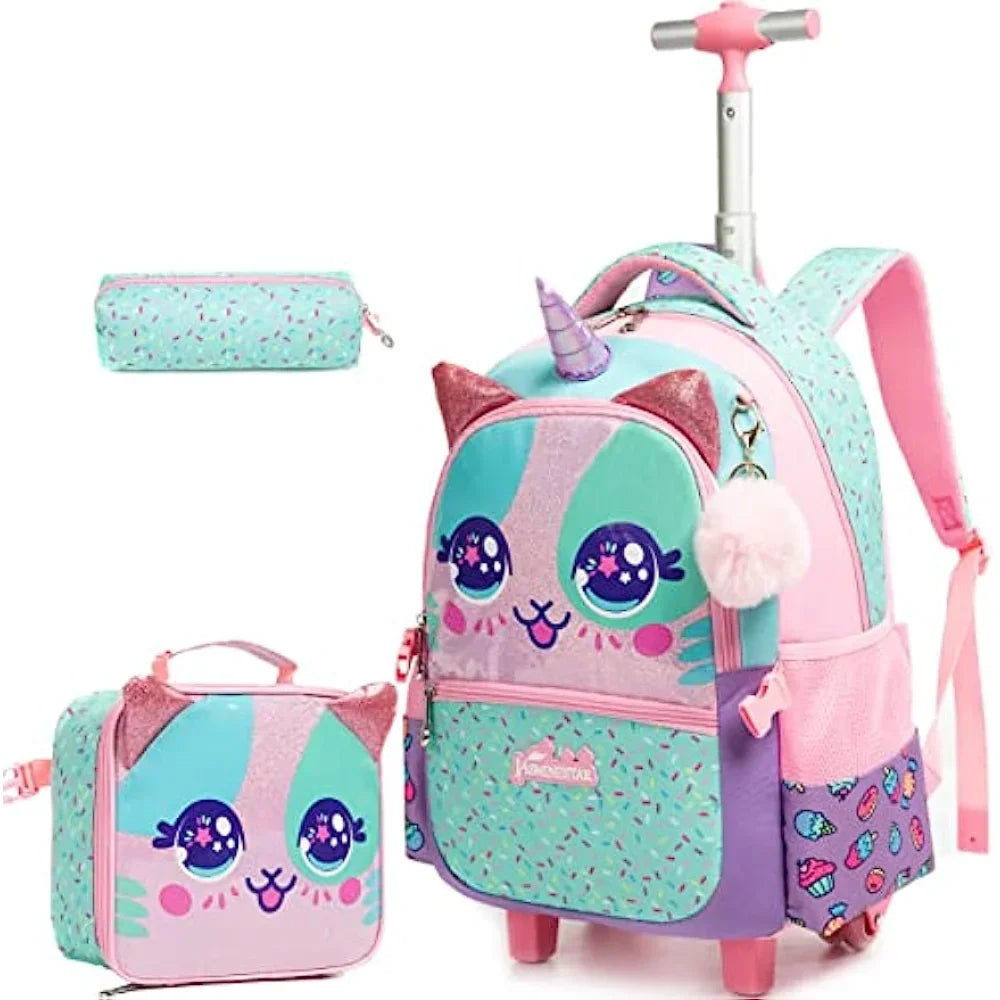 Mochila Rolante BIKAB para Crianças, Mochila Fofa de Gatinhos com Lantejoulas para Meninas, com Rodas, para Estudantes do Ensino Fundamental, com Lancheira para Meninas